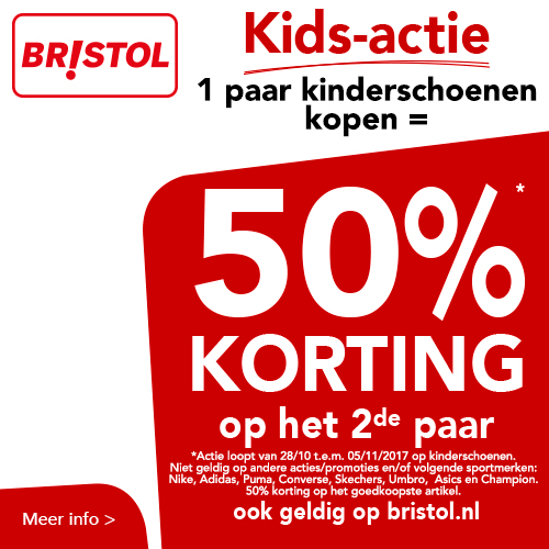 Bristol schoenen voor de helft van de prijs! Giga veel korting op het 2e paar kinderschoenen. Sla snel  je slag want de actie loopt tot en met 5 november 2017.